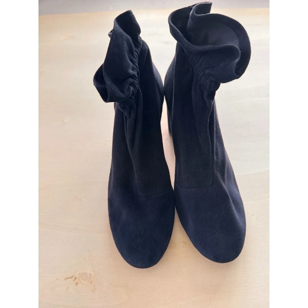 Kurt Geiger Ruffle Suede Ankle Sock Boots Black Block Heel Bootie Elastic 39 8.5